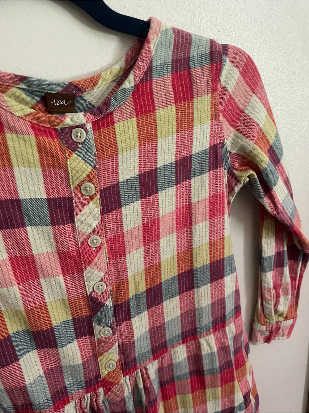 Tea Girls' Multi-Color Plaid Button Front longsleeve dress